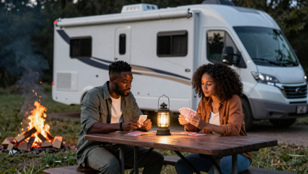 black couple camping playing cards beside motorhome generated with Z-Image