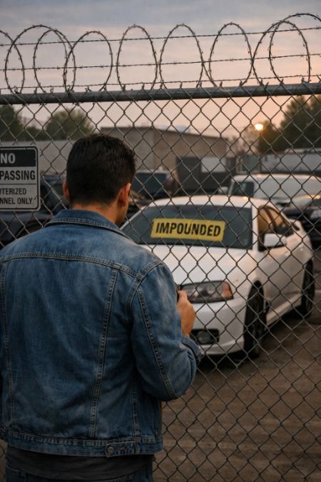 hombre afuera del corralon mirando a su carro image generated with ChatGPT AI