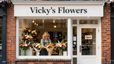 woman arranging flowers in window of retail floral shop generated with Z-Image